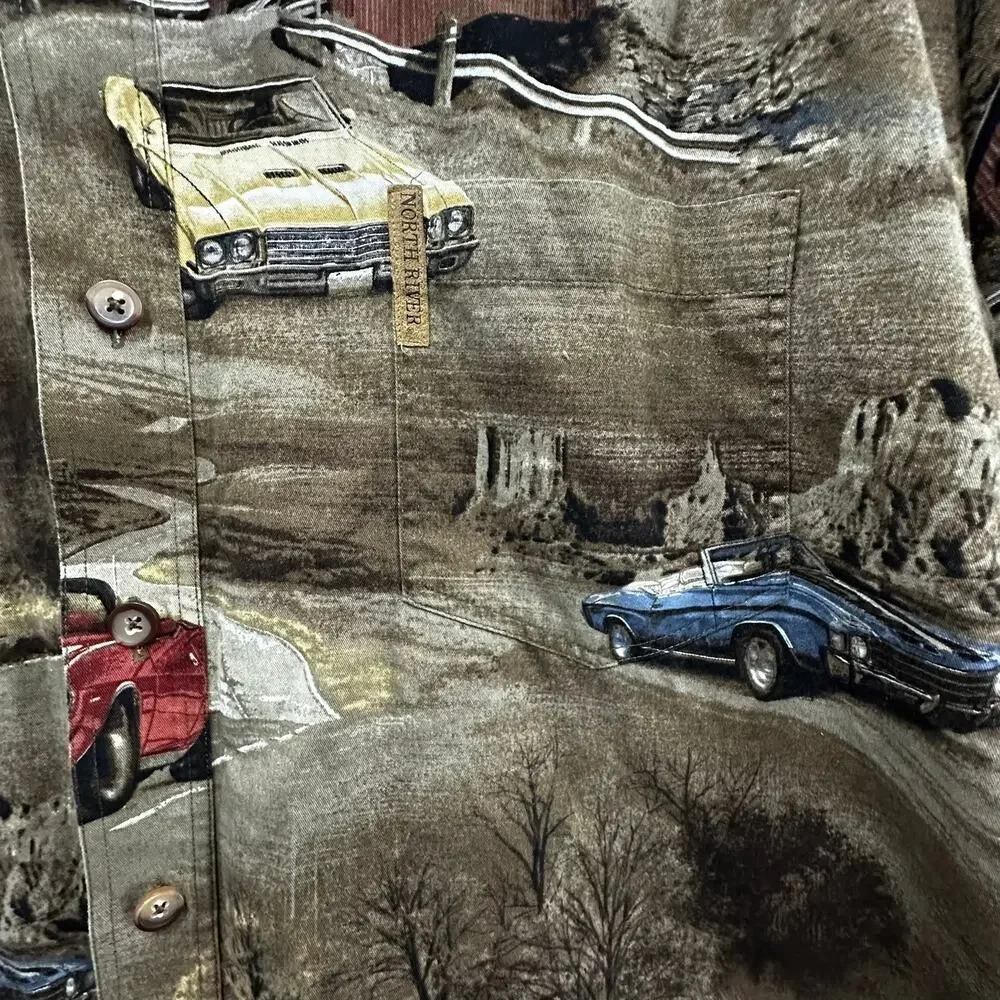 VTG North River Outfitters Men's XL Shirt Classic Car Design Long Sleeve EUC